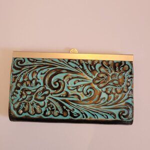 Patricia Nash Tooled Turquoise Leather Floral Embossed Wallet With Metal Clasp